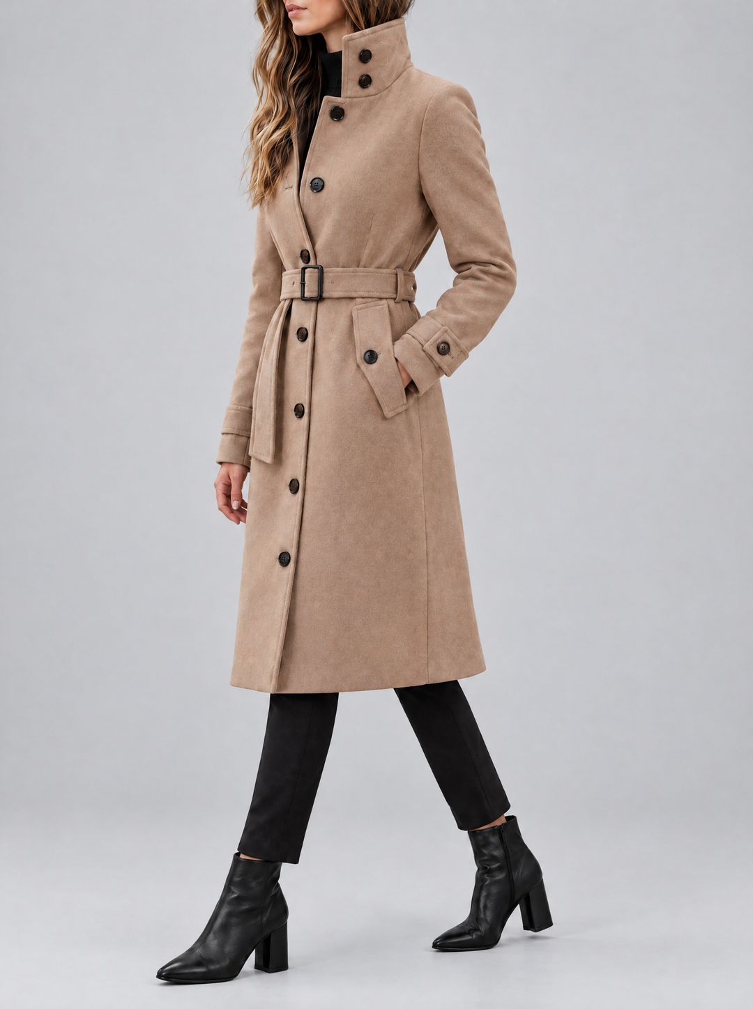 Maeve women's long belted coat with stand collar in Camel, side view