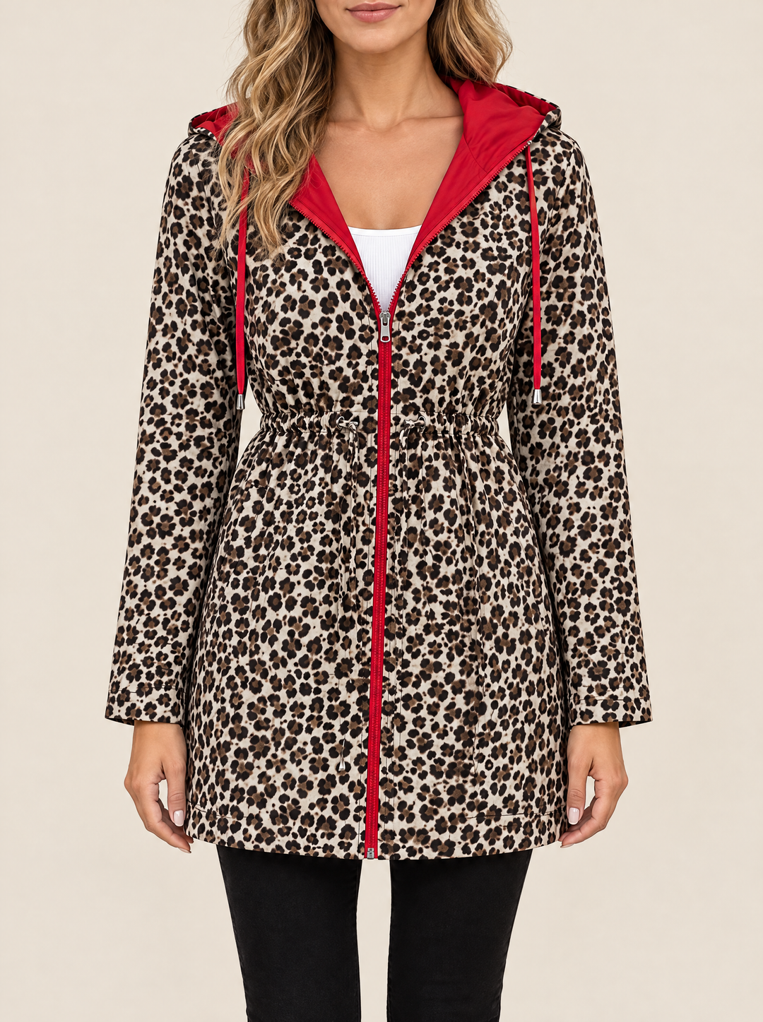 Piper women's reversible hooded coat in red – front view