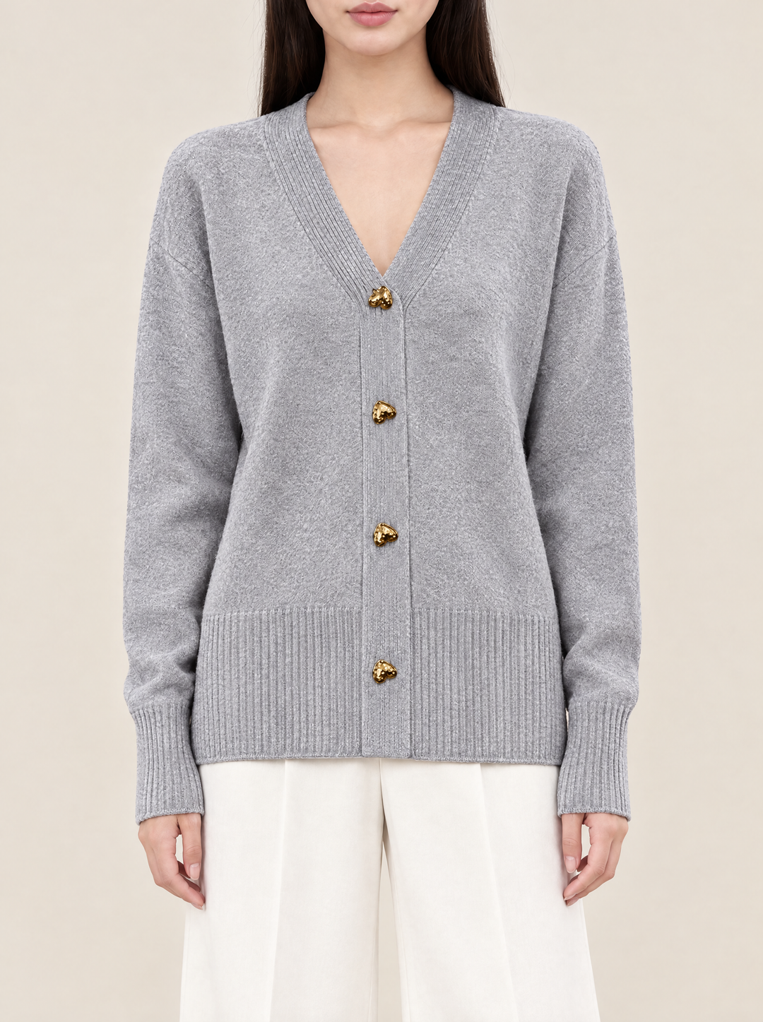 Josie women's V-neck cardigan with gold heart buttons in gray – front view