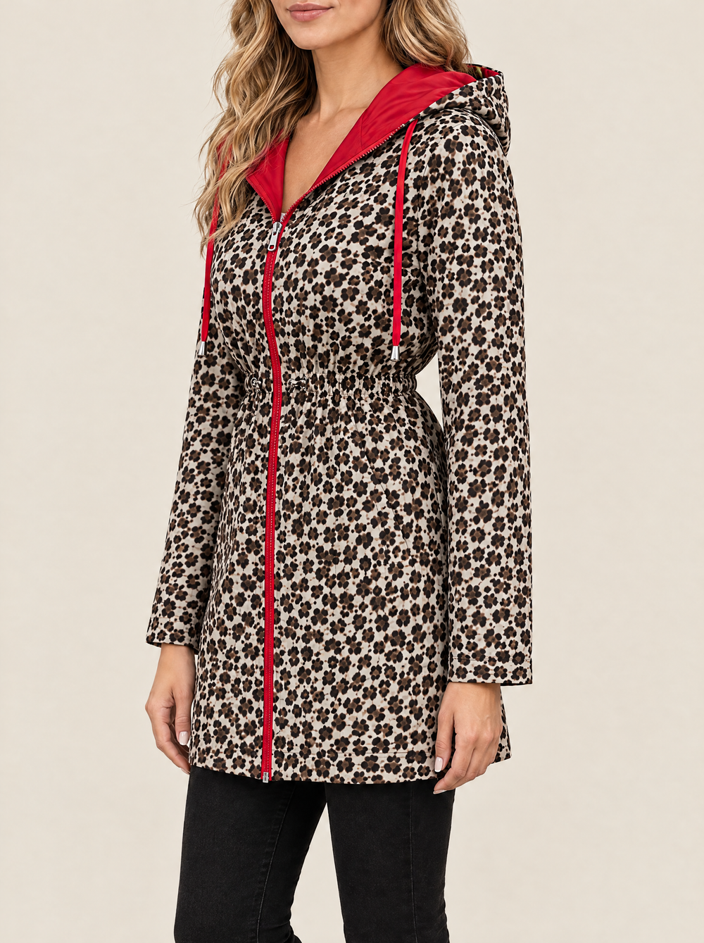Piper women's reversible hooded coat in red – side view