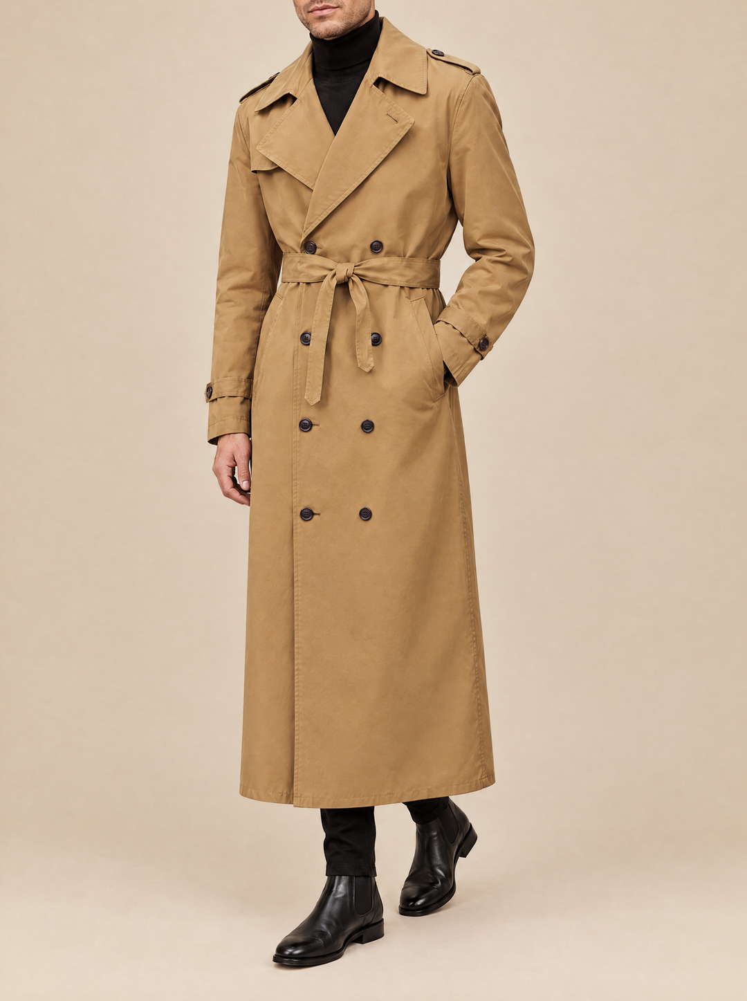 Harrison men's long trench coat in khaki – front view, belted