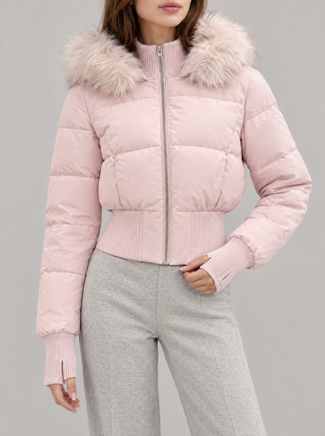 Delaney women's cropped quilted jacket with faux fur hood in pink – front view