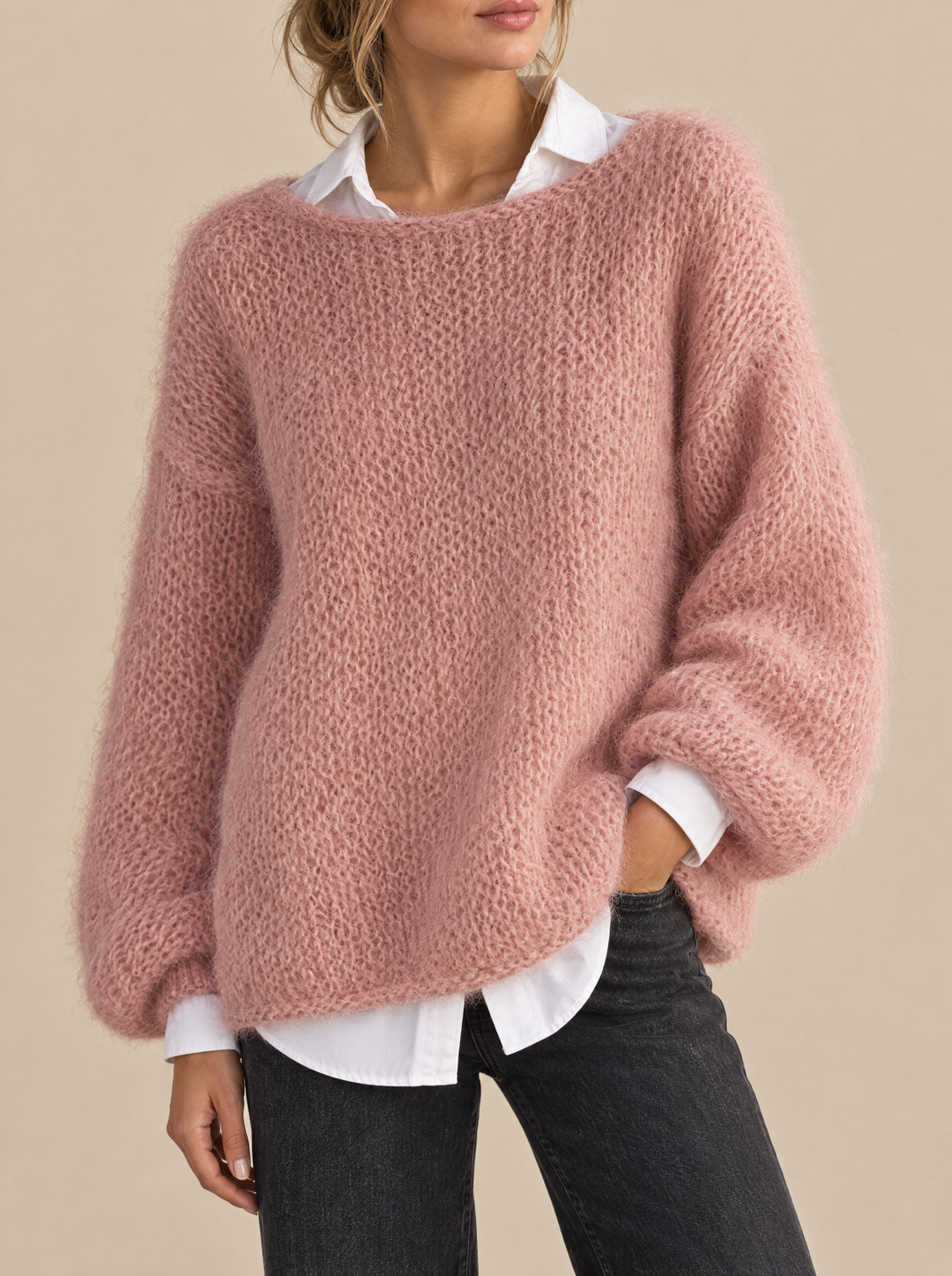 Callie women's oversized knit sweater with boat neck in pink – front view