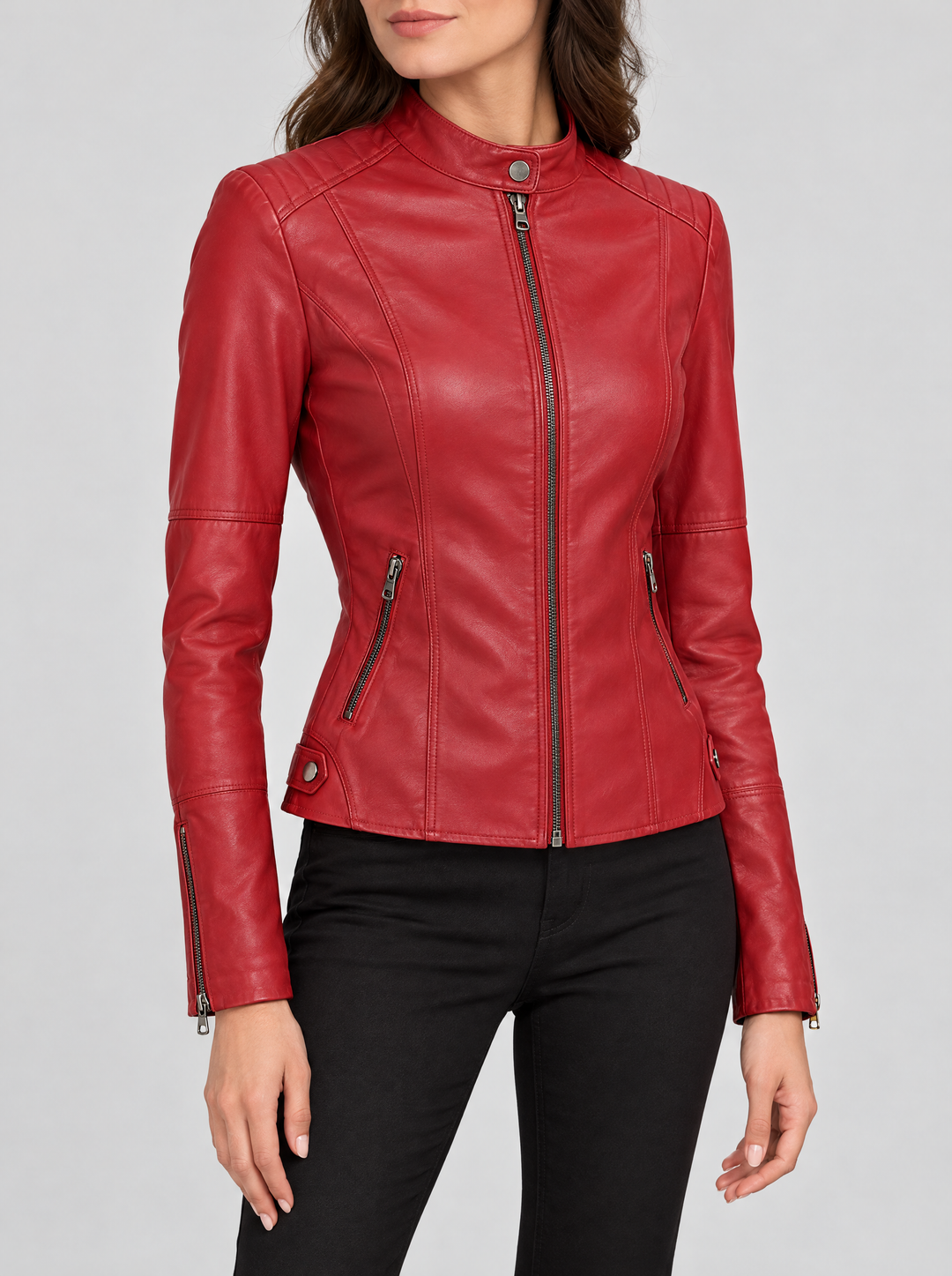 Marlowe women's faux leather jacket in red – front view