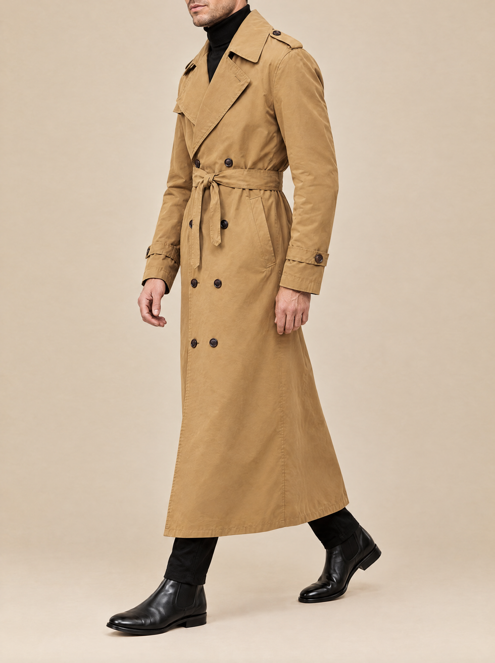 Harrison men's long trench coat in khaki – side view