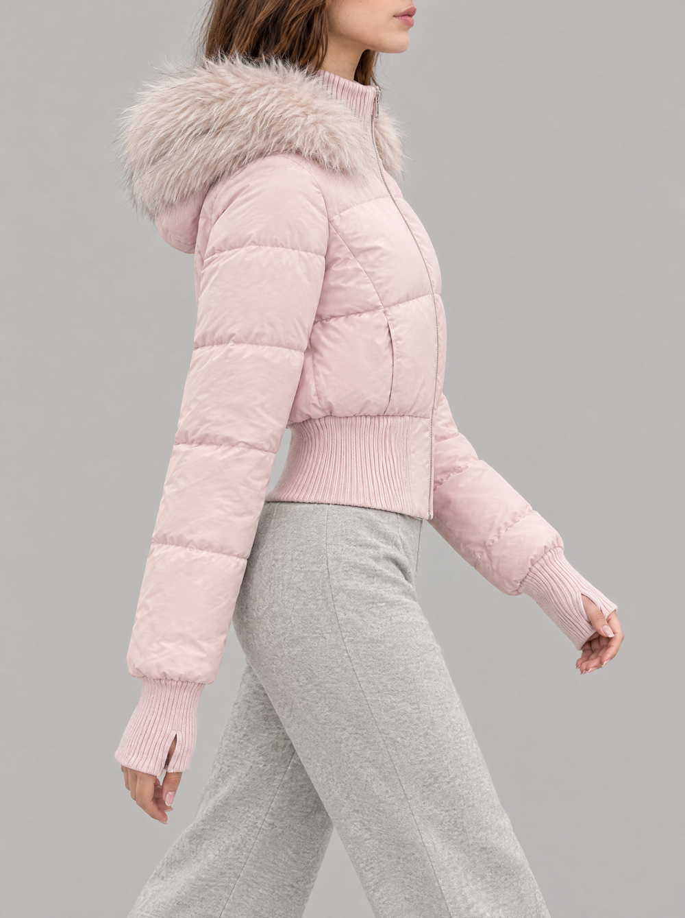 Delaney women's cropped quilted jacket with faux fur hood in pink – side view