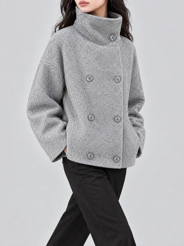Clarissa short winter coat side view, gray