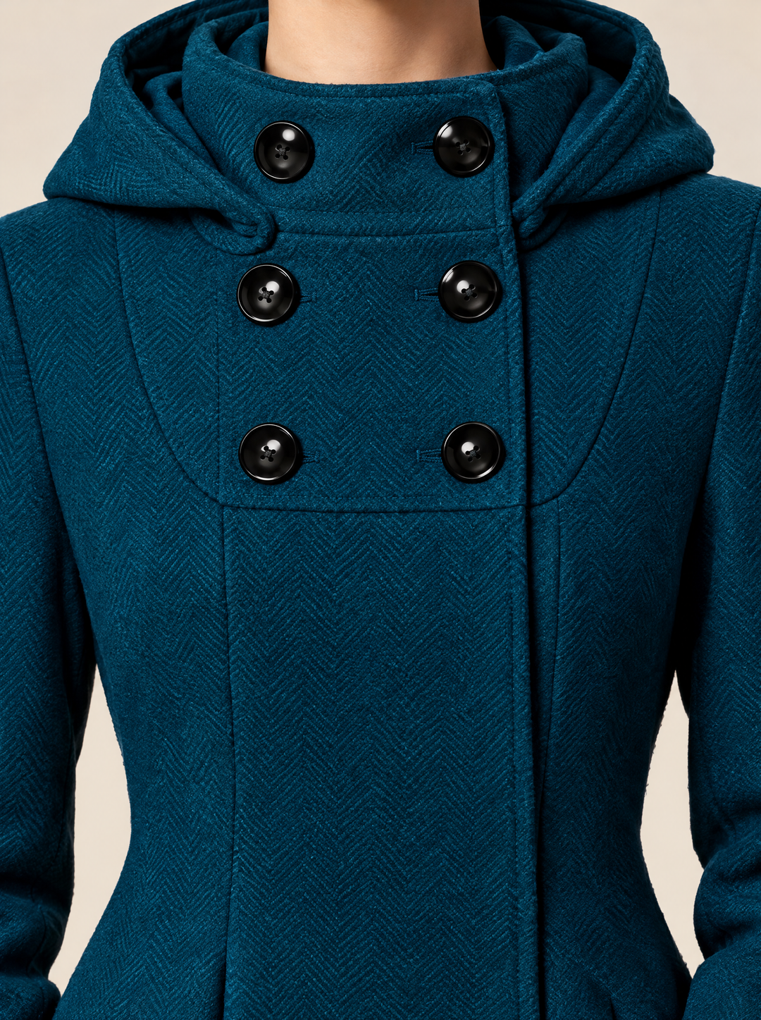 Romy hooded A-line winter coat button detail, teal