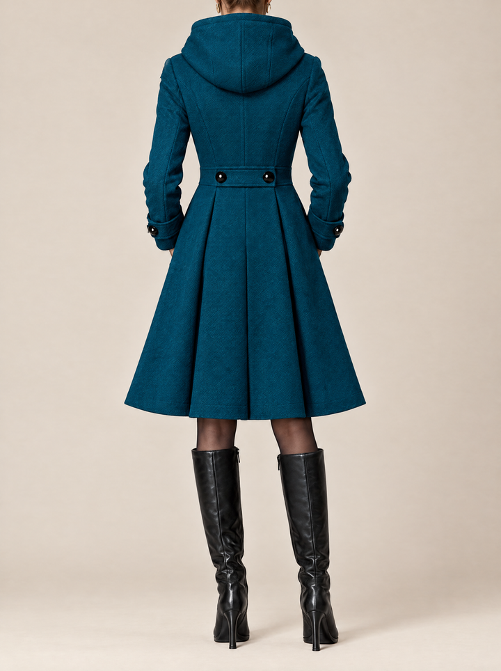 Romy hooded A-line winter coat back view, teal