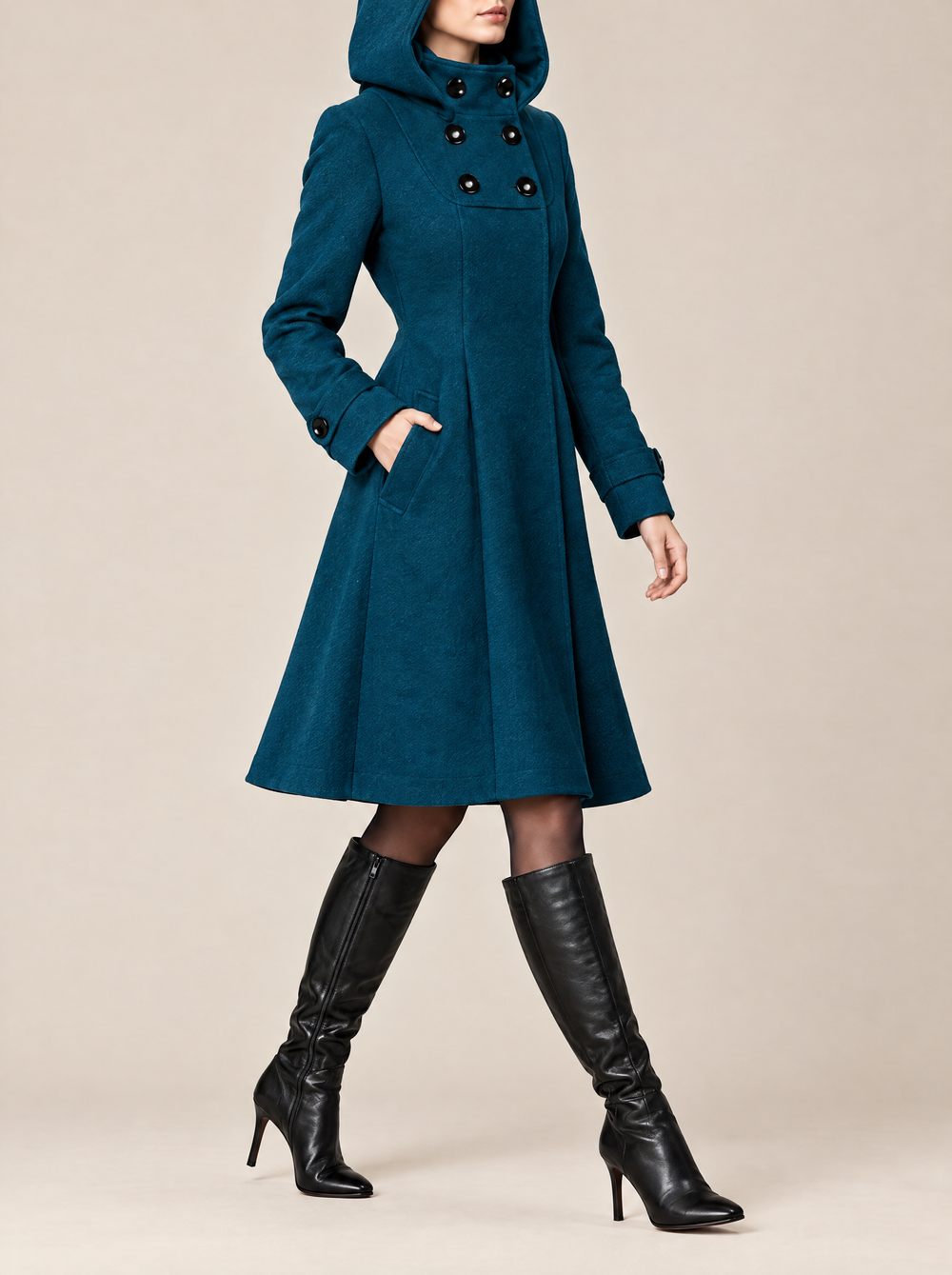 Romy hooded A-line winter coat side view, teal