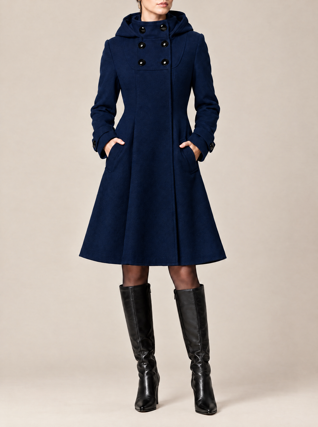 Romy hooded A-line winter coat navy