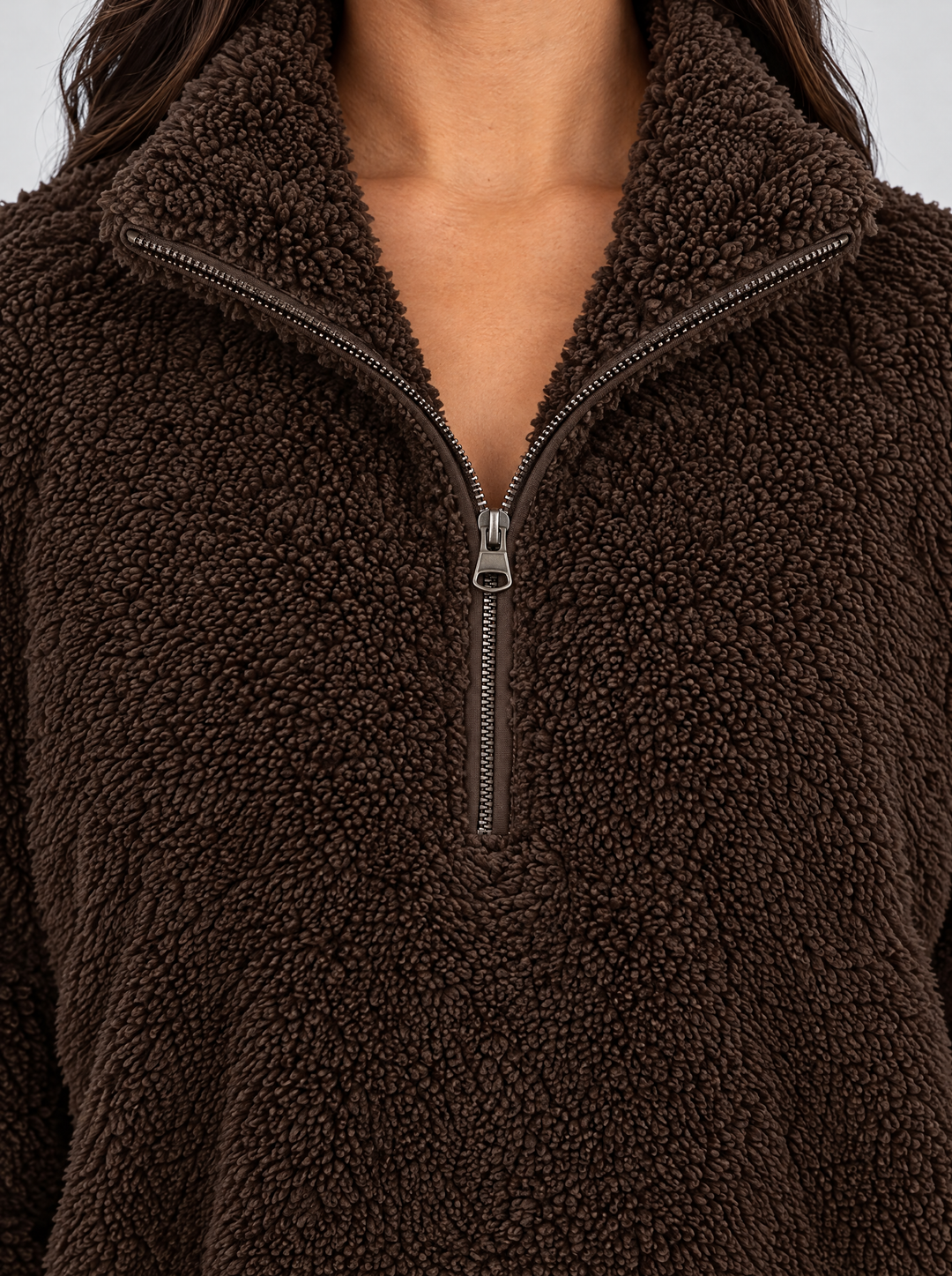Alpine sherpa quarter zip sweater collar detail, dark brown