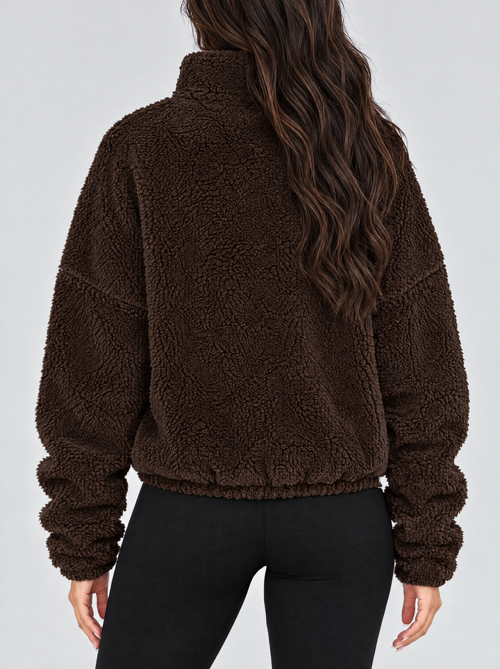Alpine sherpa quarter zip sweater back view, dark brown