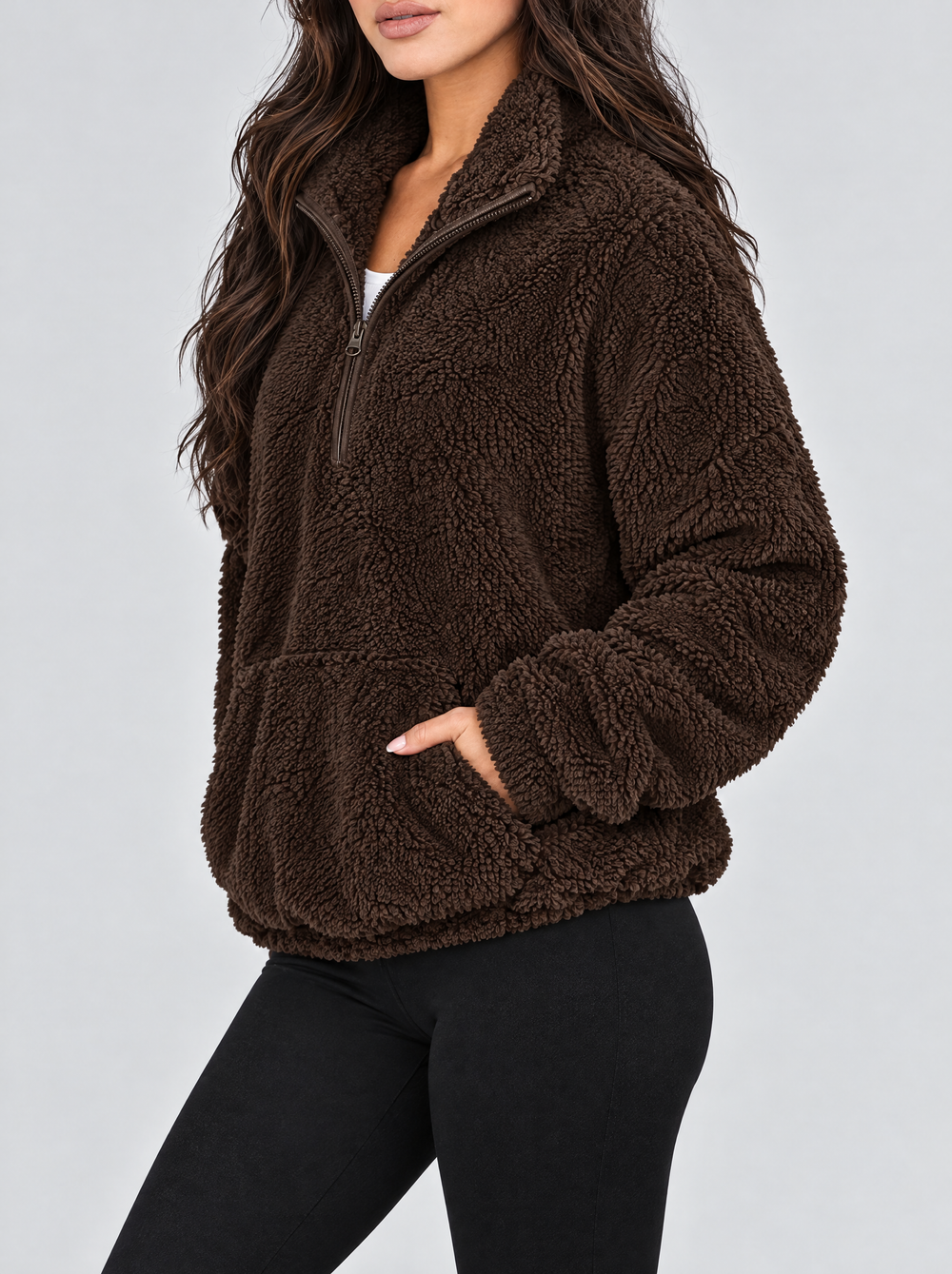 Alpine sherpa quarter zip sweater side view, dark brown