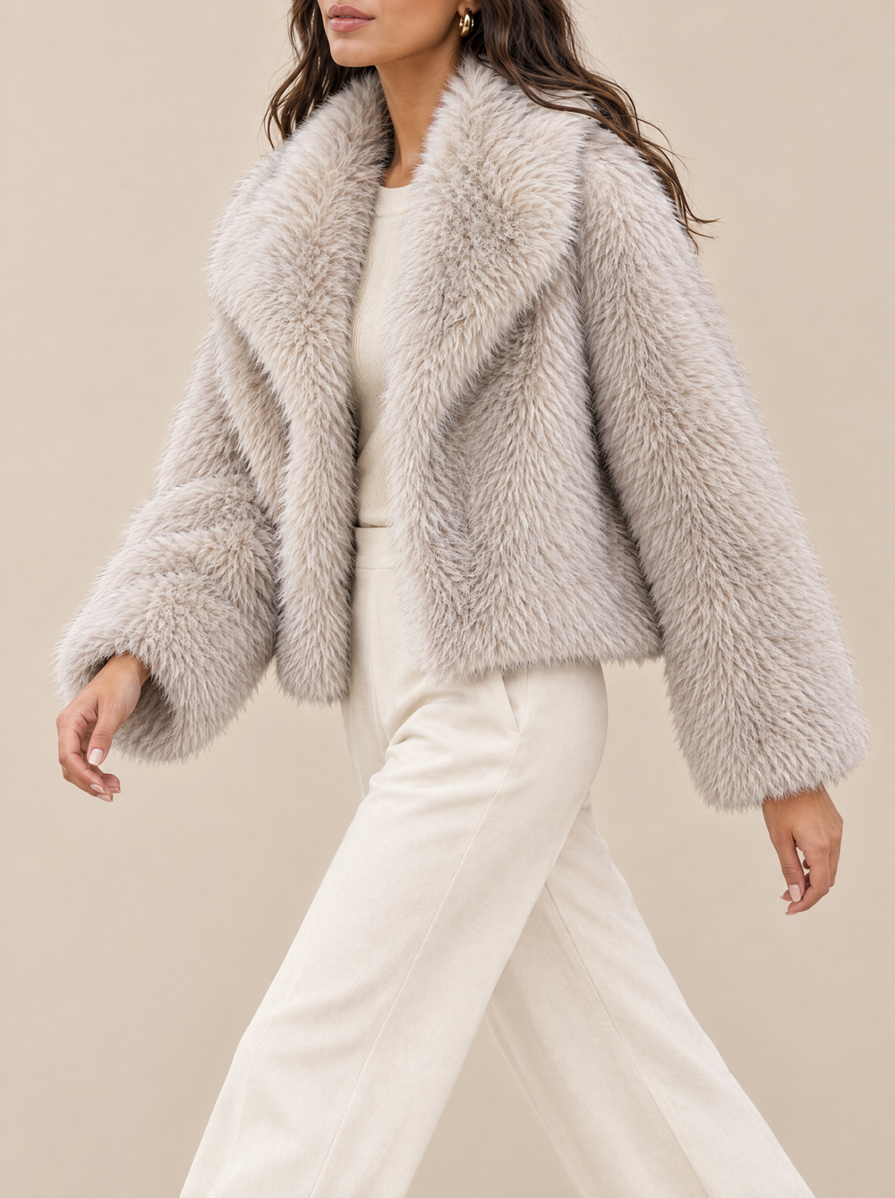 Jenna faux fur coat side view, cream