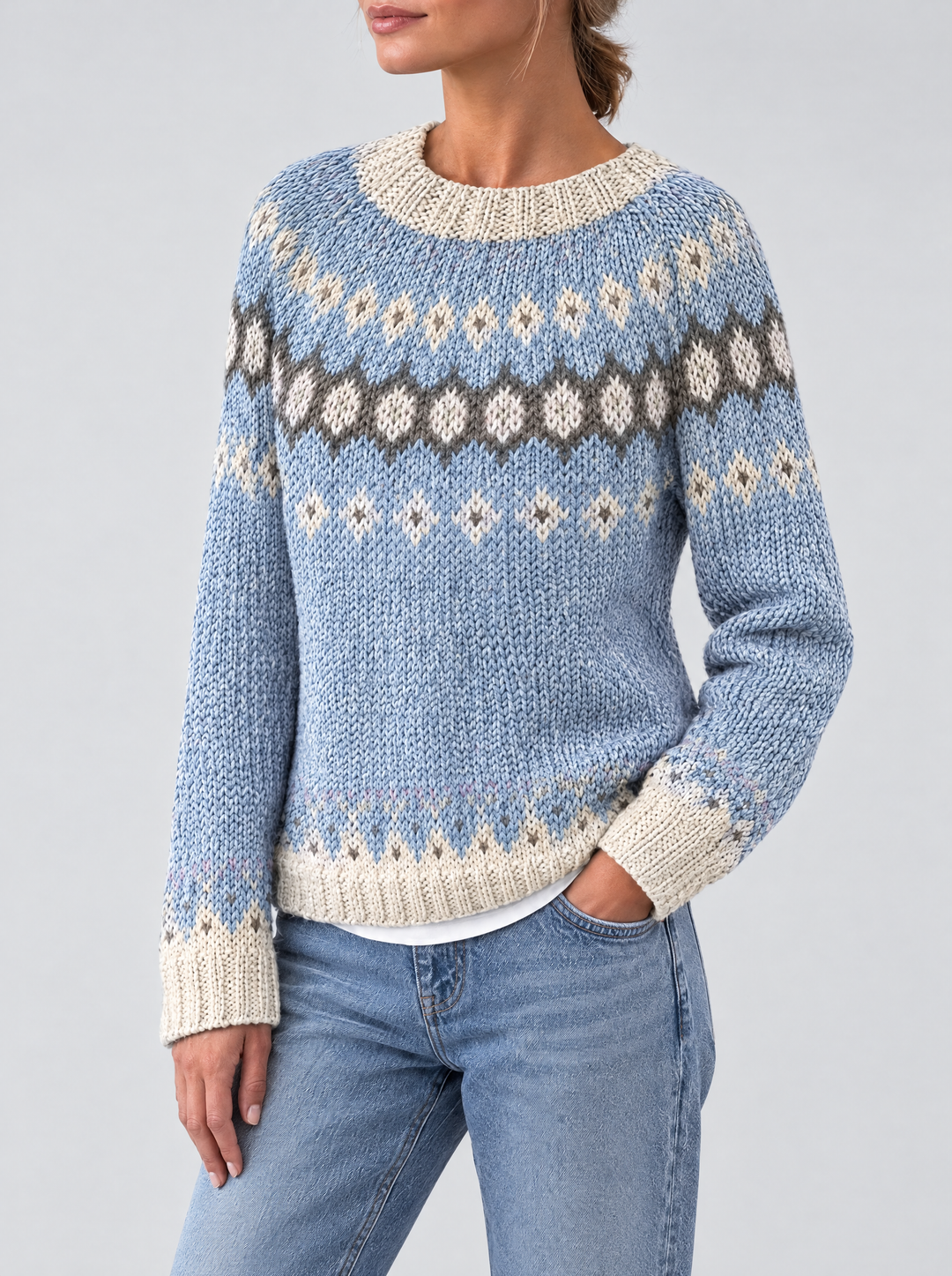 Mira Fair Isle sweater side view, light blue