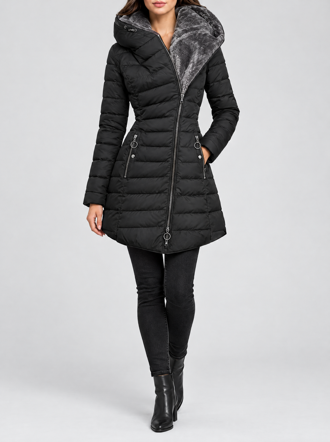 Britt long quilted puffer coat with hood black