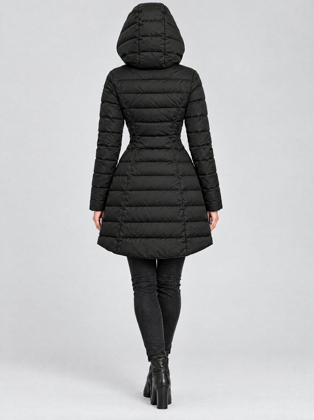 Britt long quilted puffer coat back view, black