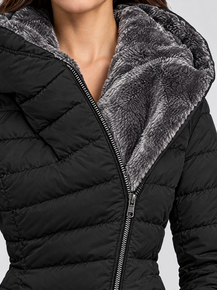 Britt long quilted puffer coat faux fur hood detail, black