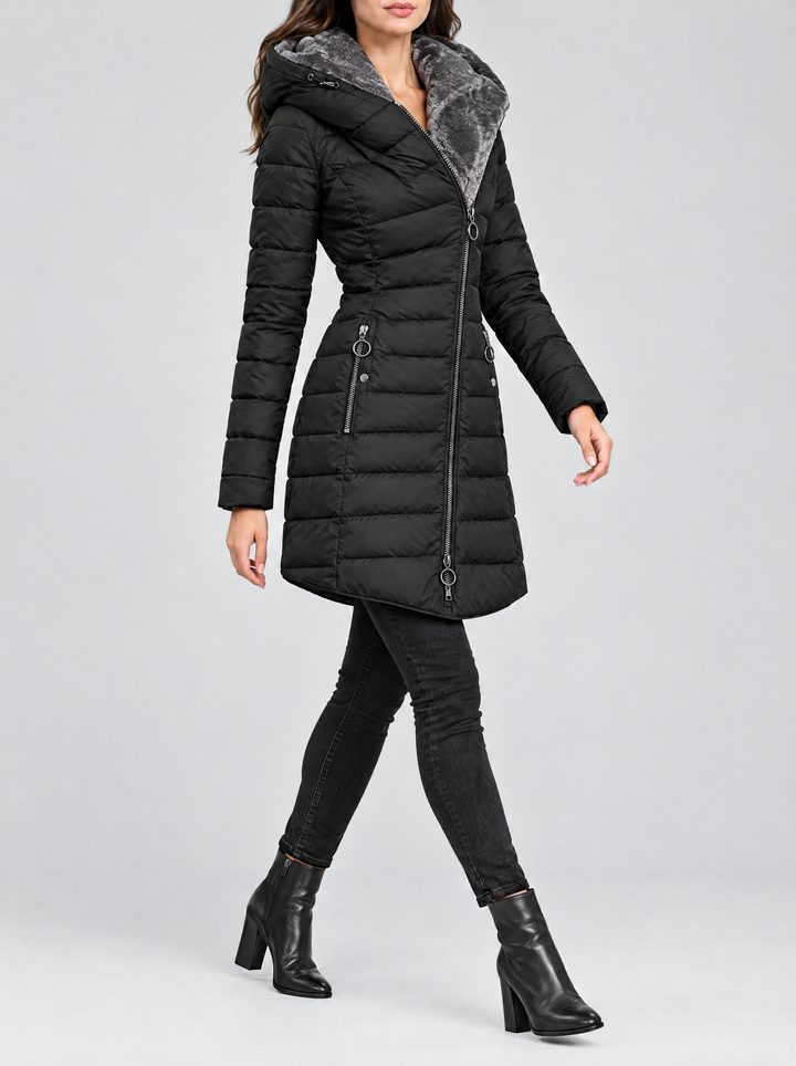 Britt long quilted puffer coat side view, black