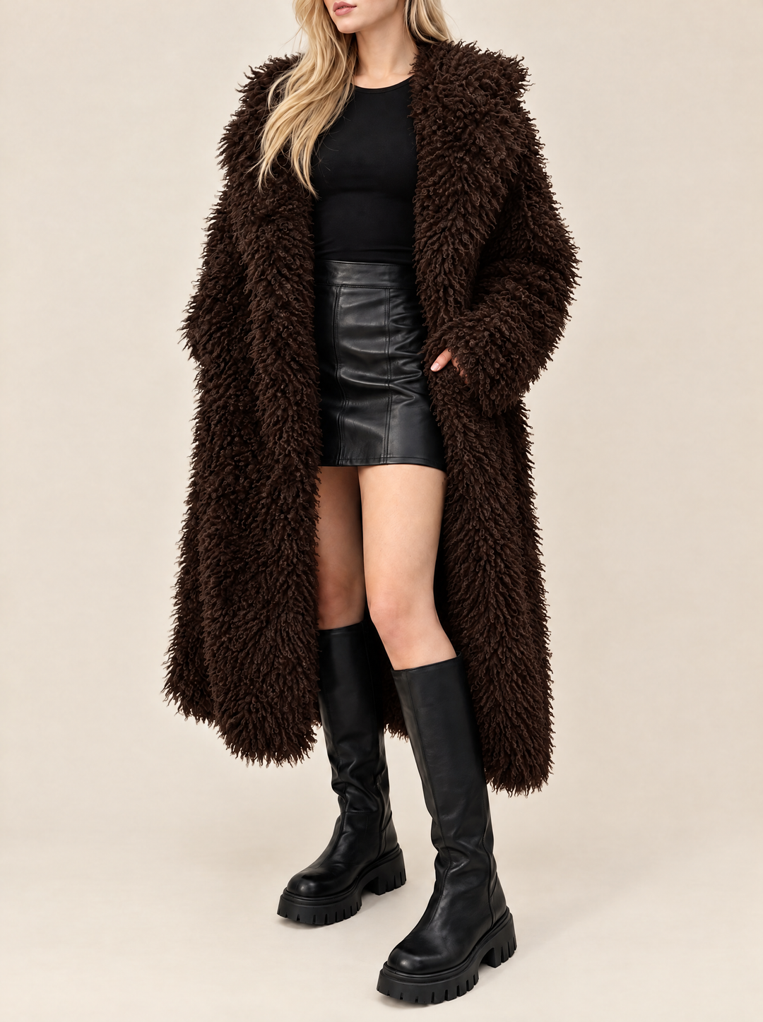 Mabel long faux fur coat dark brown