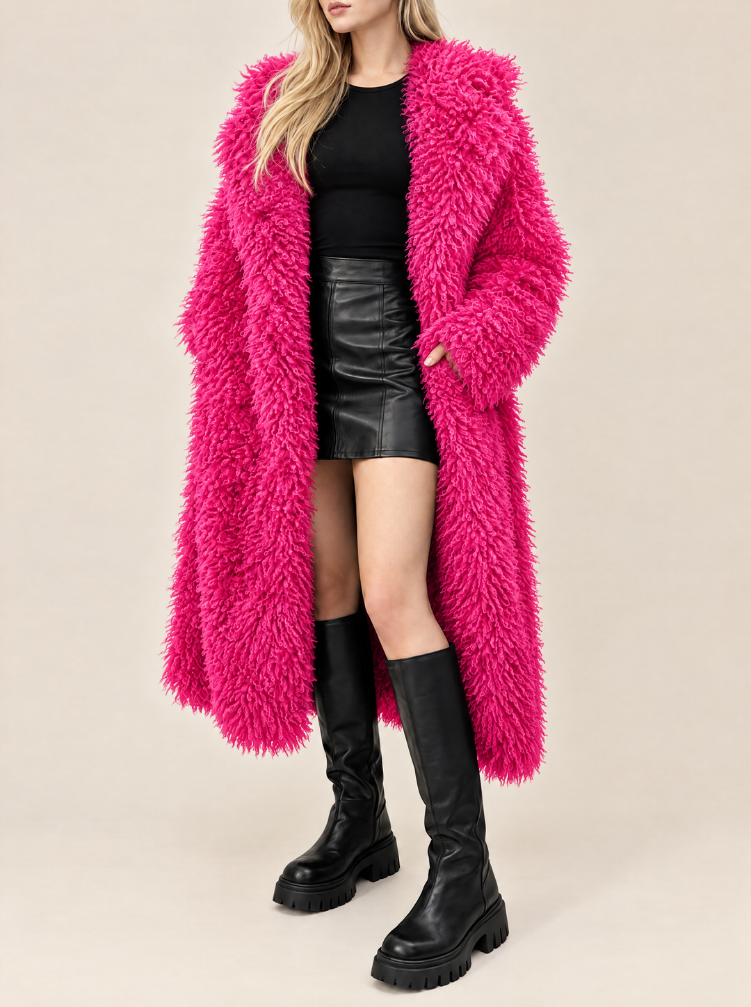 Mabel long faux fur coat hot pink