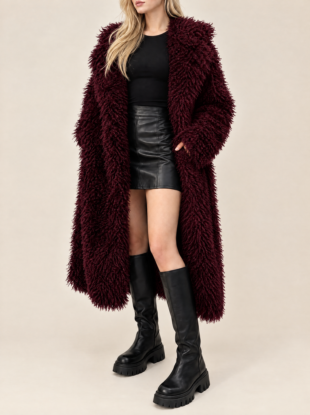 Mabel long faux fur coat burgundy