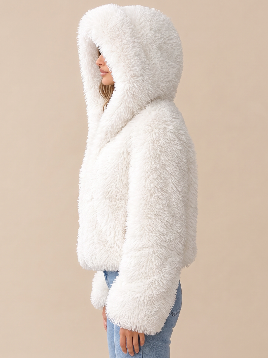 Henna faux fur jacket side view, white