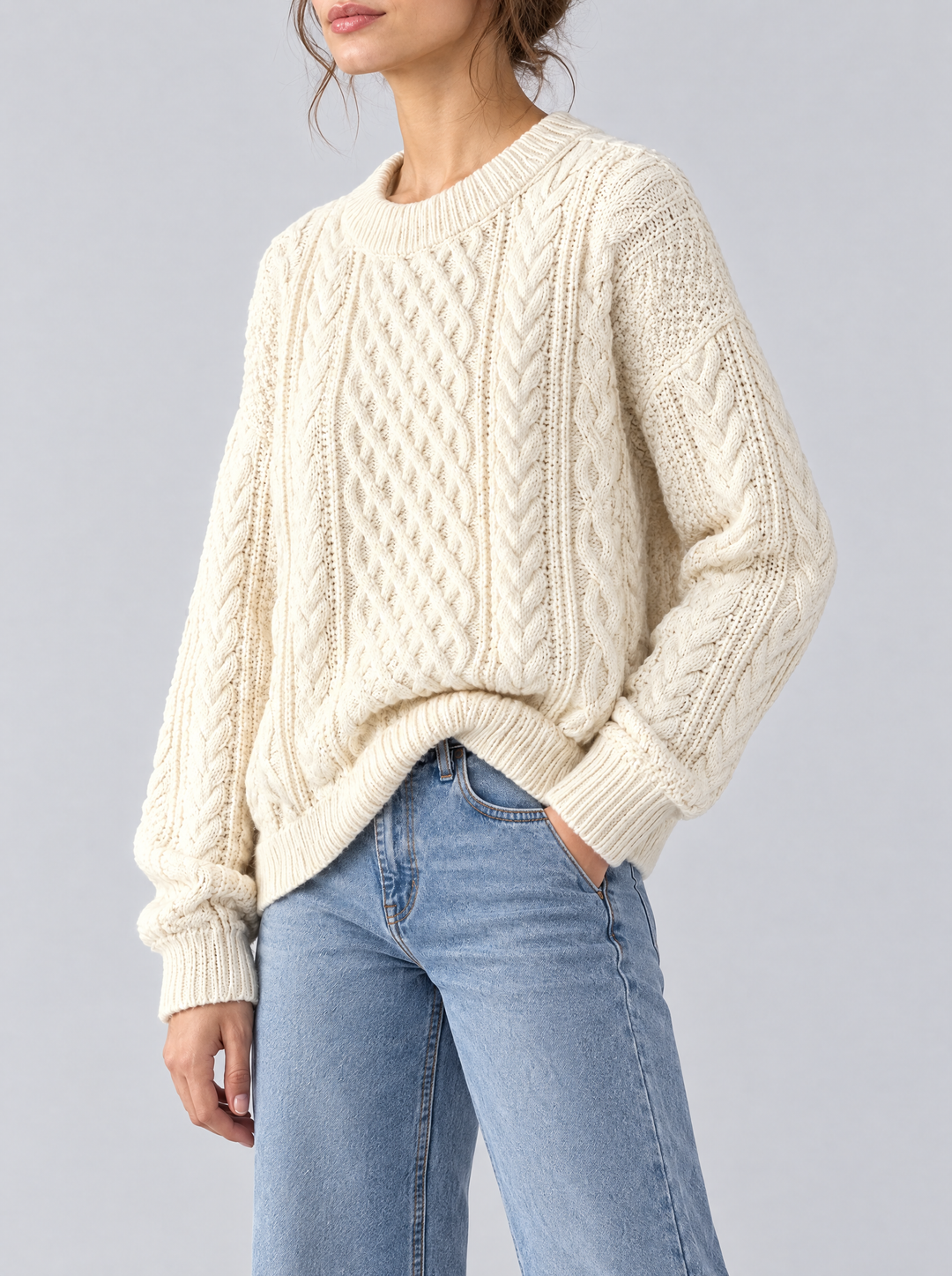 Fern cable knit sweater side view, cream