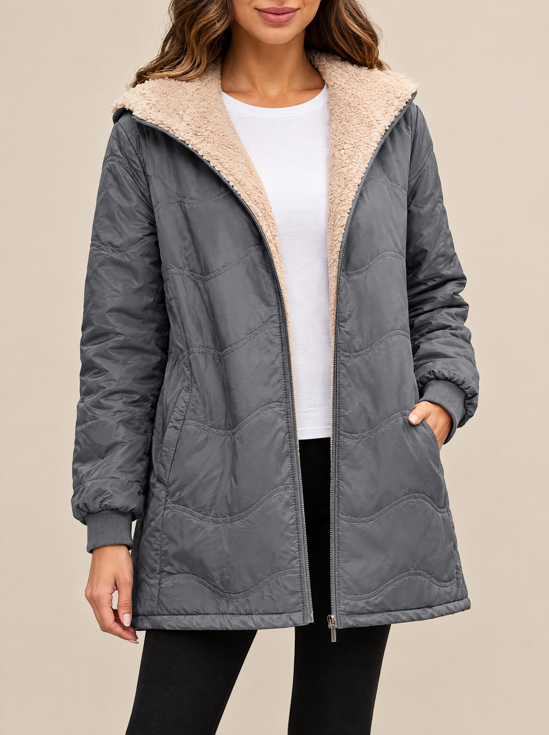 Wilma quilted jacket with sherpa hood gray