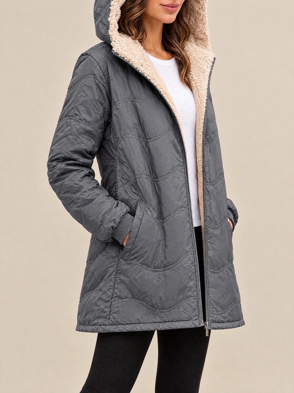 Wilma quilted jacket side view, gray
