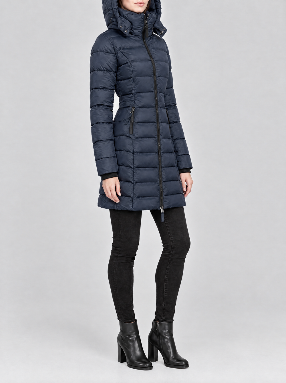 Olivia long hooded puffer coat side view, navy