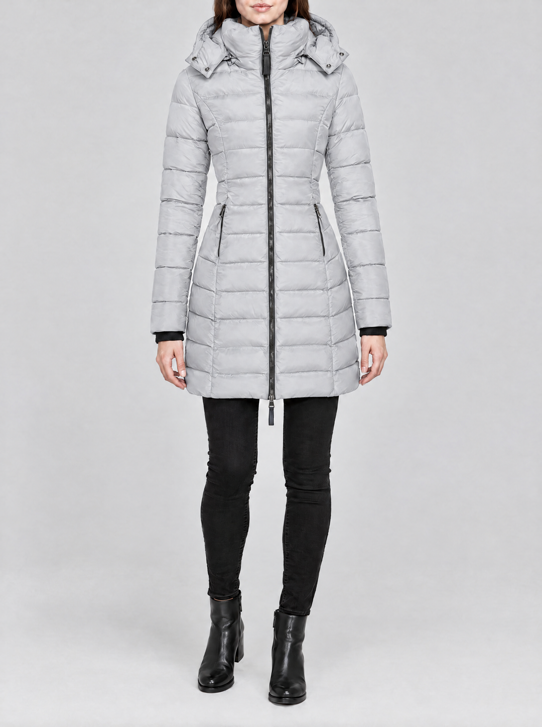 Olivia long hooded puffer coat light gray