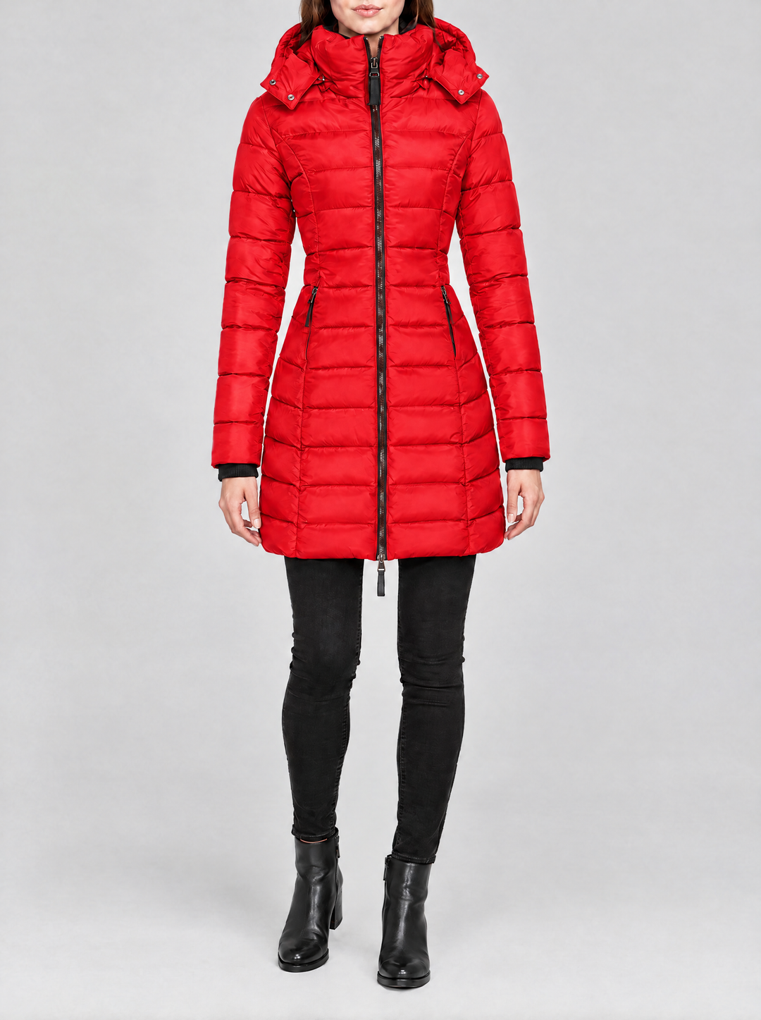 Olivia long hooded puffer coat red
