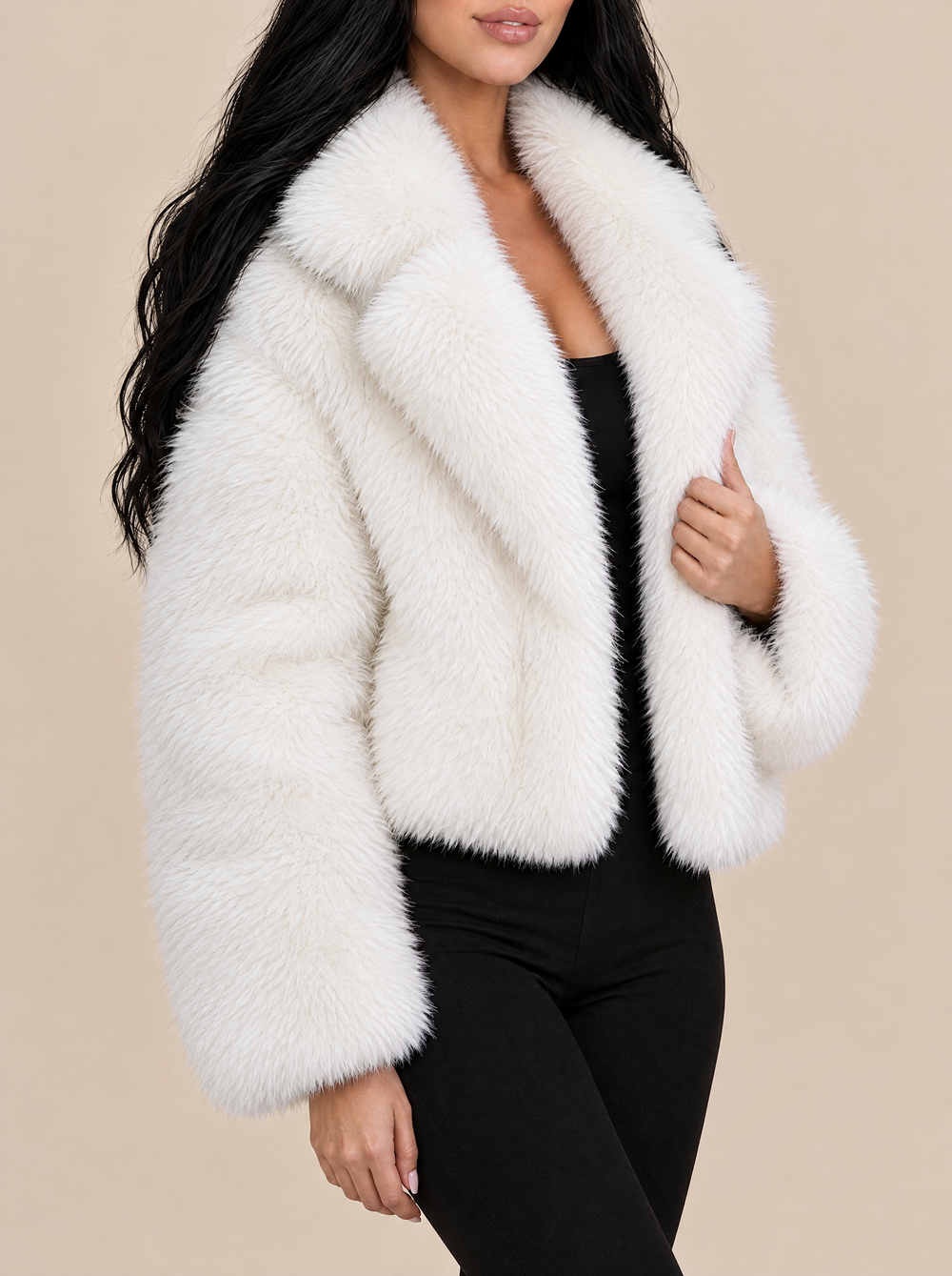 Cleo cropped faux fur jacket, side view, white