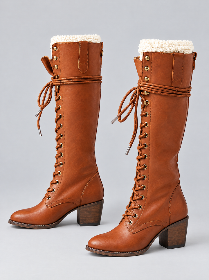 Ruby lace up knee high boots, side view, cognac