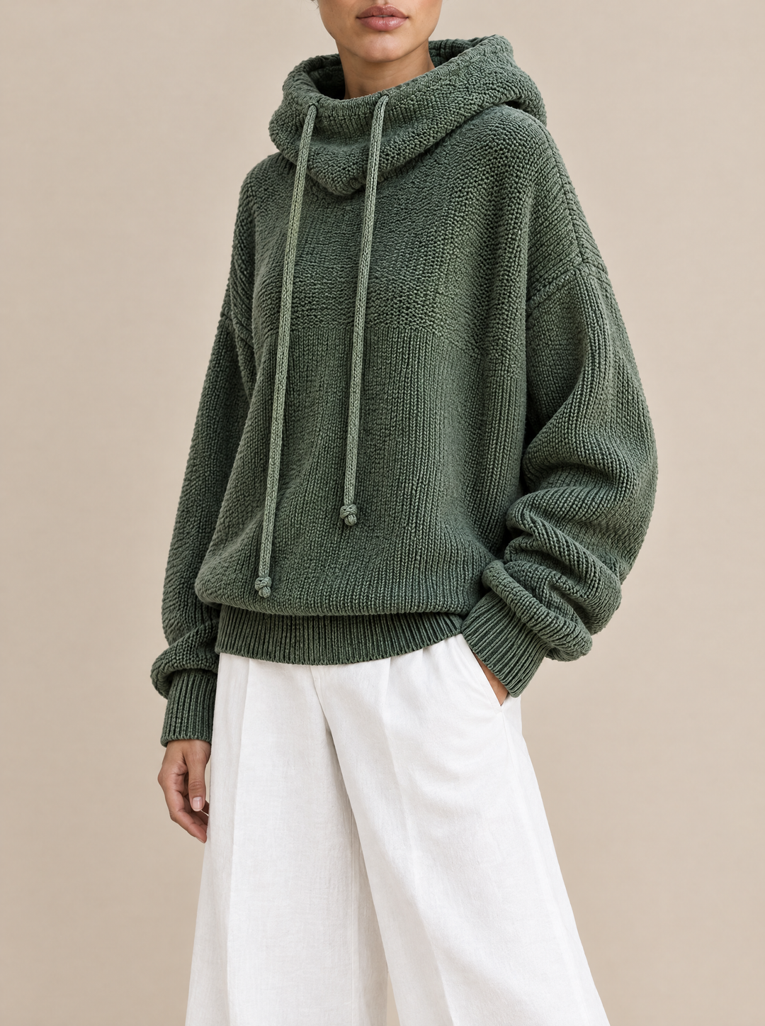 Bo knit hoodie with drawstring funnel neck, side view, green