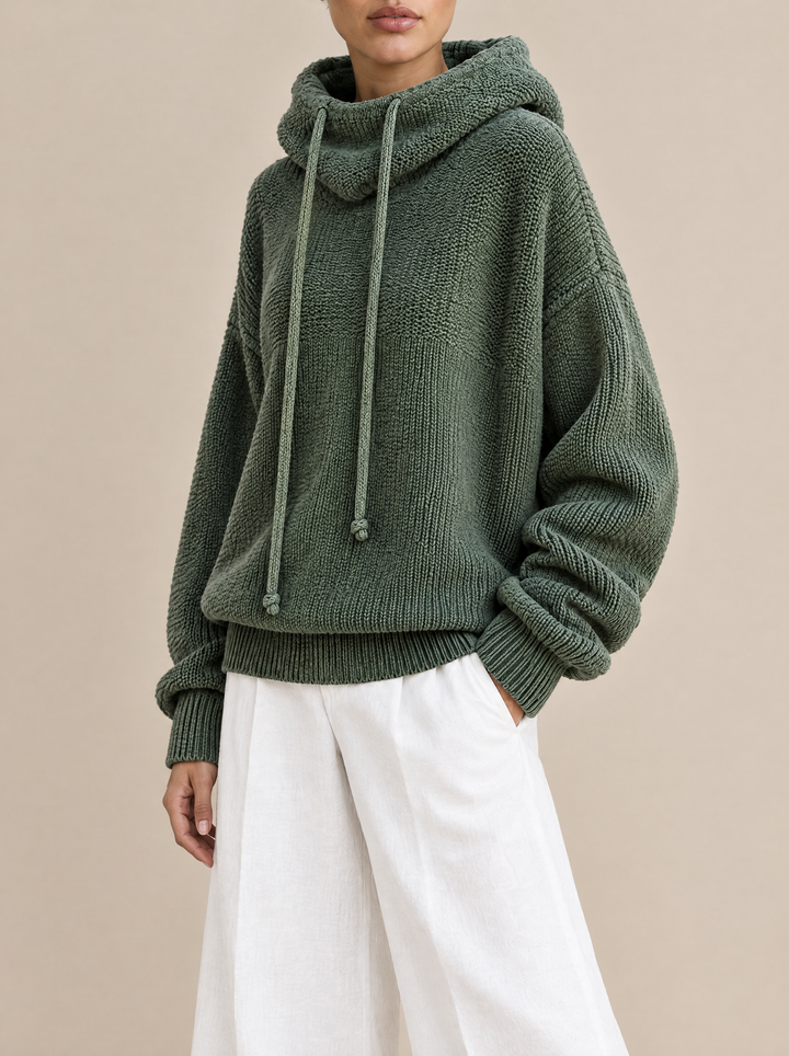 Bo knit hoodie with drawstring funnel neck, side view, green