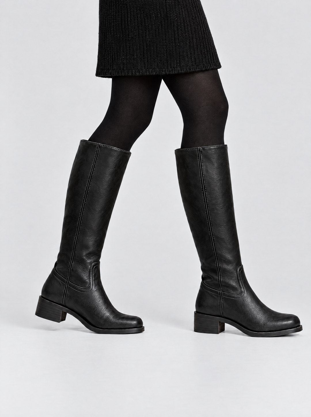 Megan pull on knee high boots, side view, black