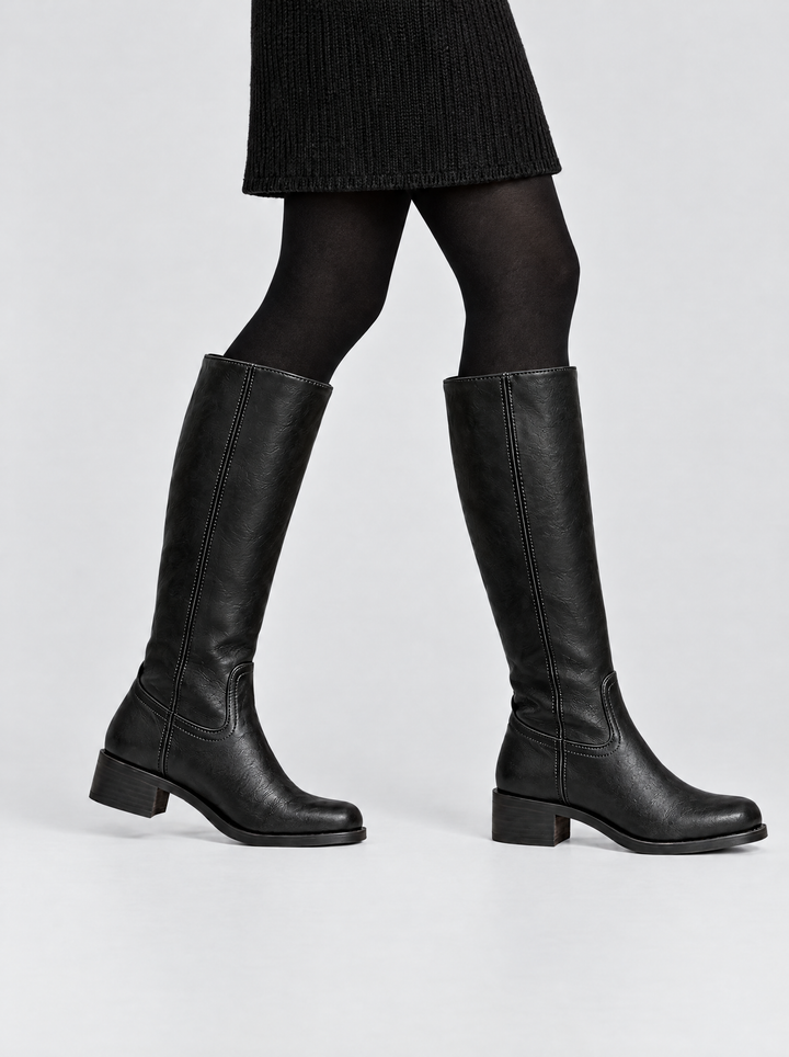 Megan pull on knee high boots, side view, black