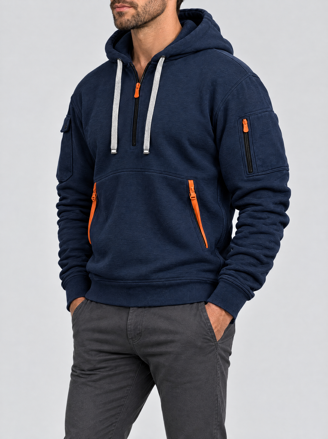 Caleb hoodie with zip pockets, side view, navy