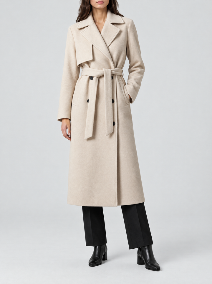Juno long double breasted coat with belt, cream