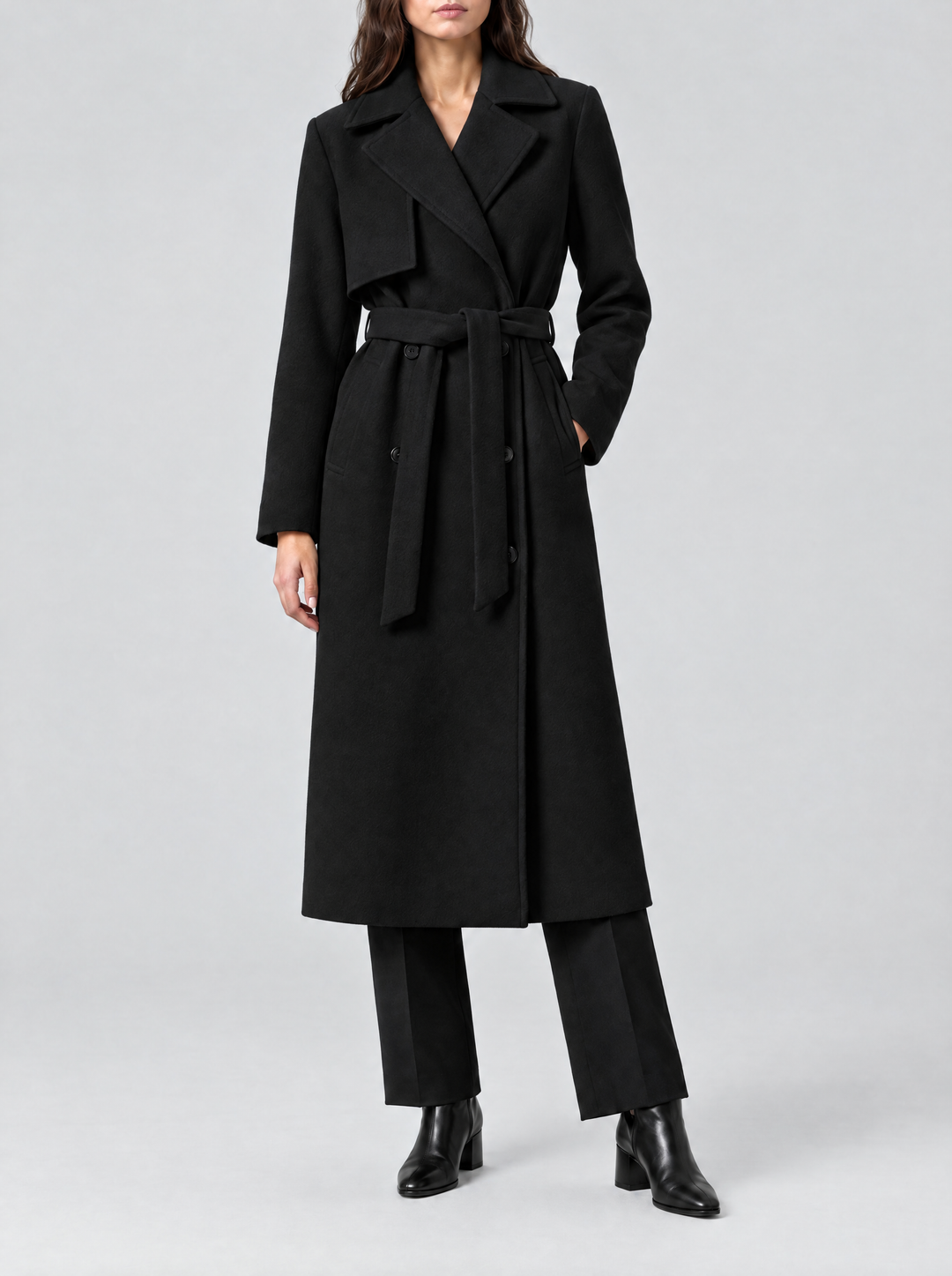 Juno long double breasted coat with belt, black