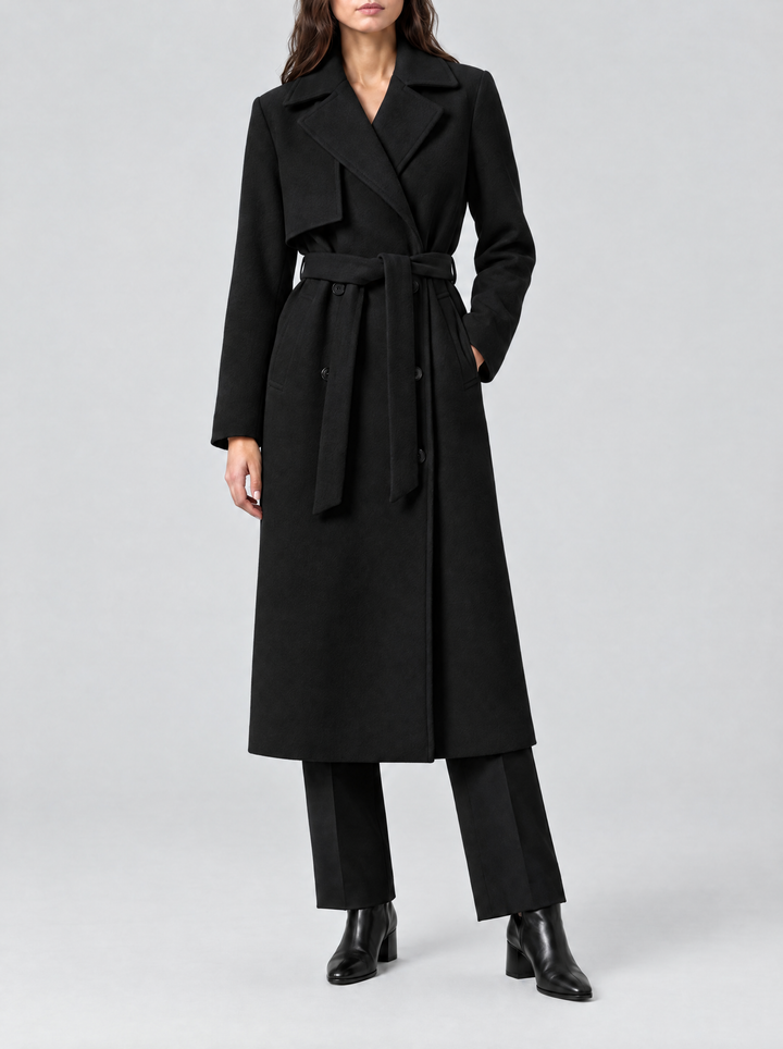 Juno long double breasted coat with belt, black