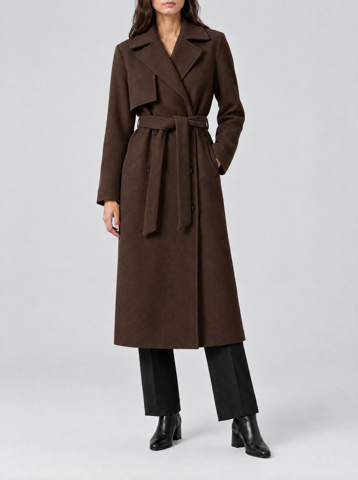 Juno long double breasted coat with belt, chocolate brown