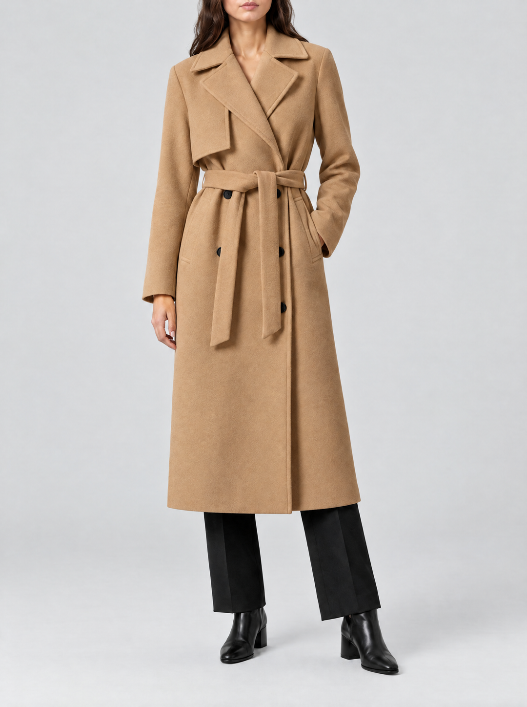 Juno long double breasted coat with belt, camel