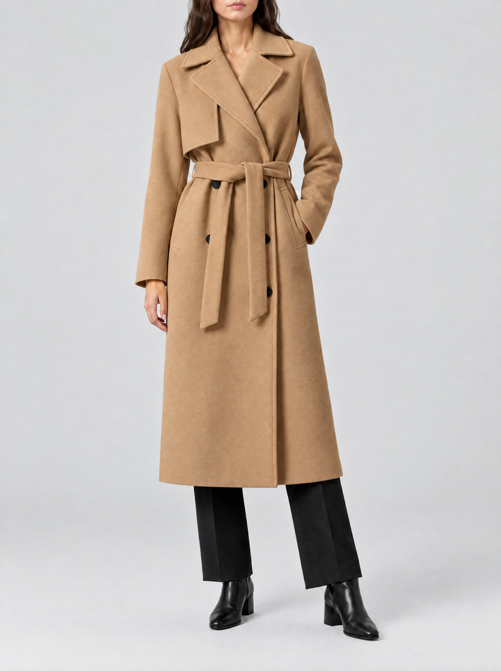 Juno long double breasted coat with belt, camel