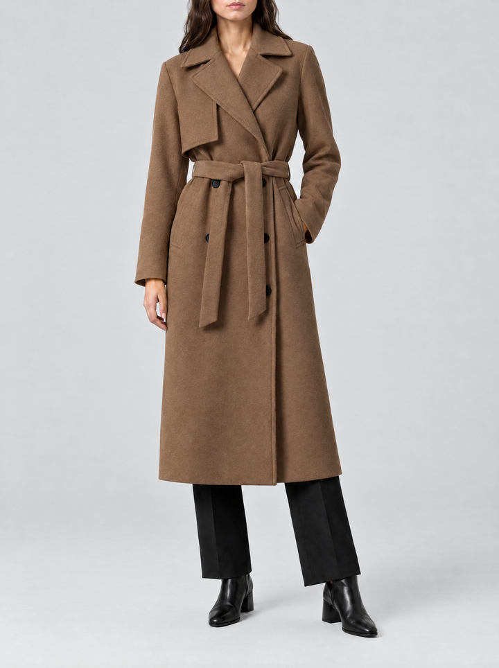 Juno long double breasted coat with belt, brown