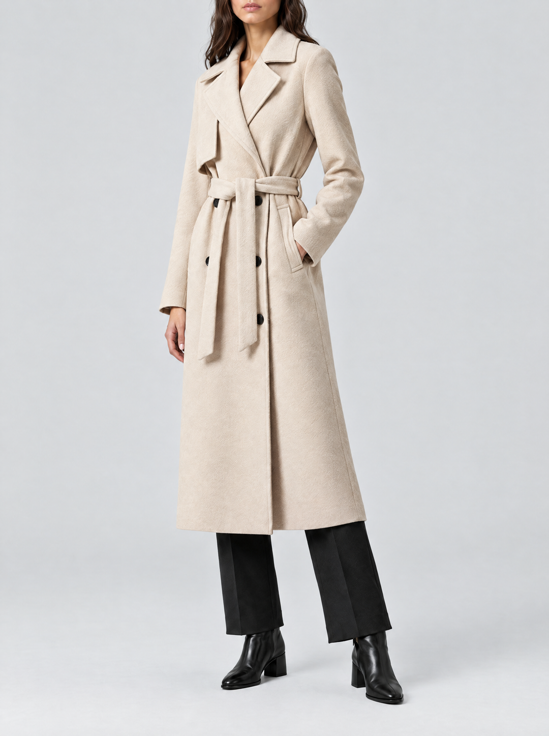 Juno long double breasted coat with belt, side view, cream