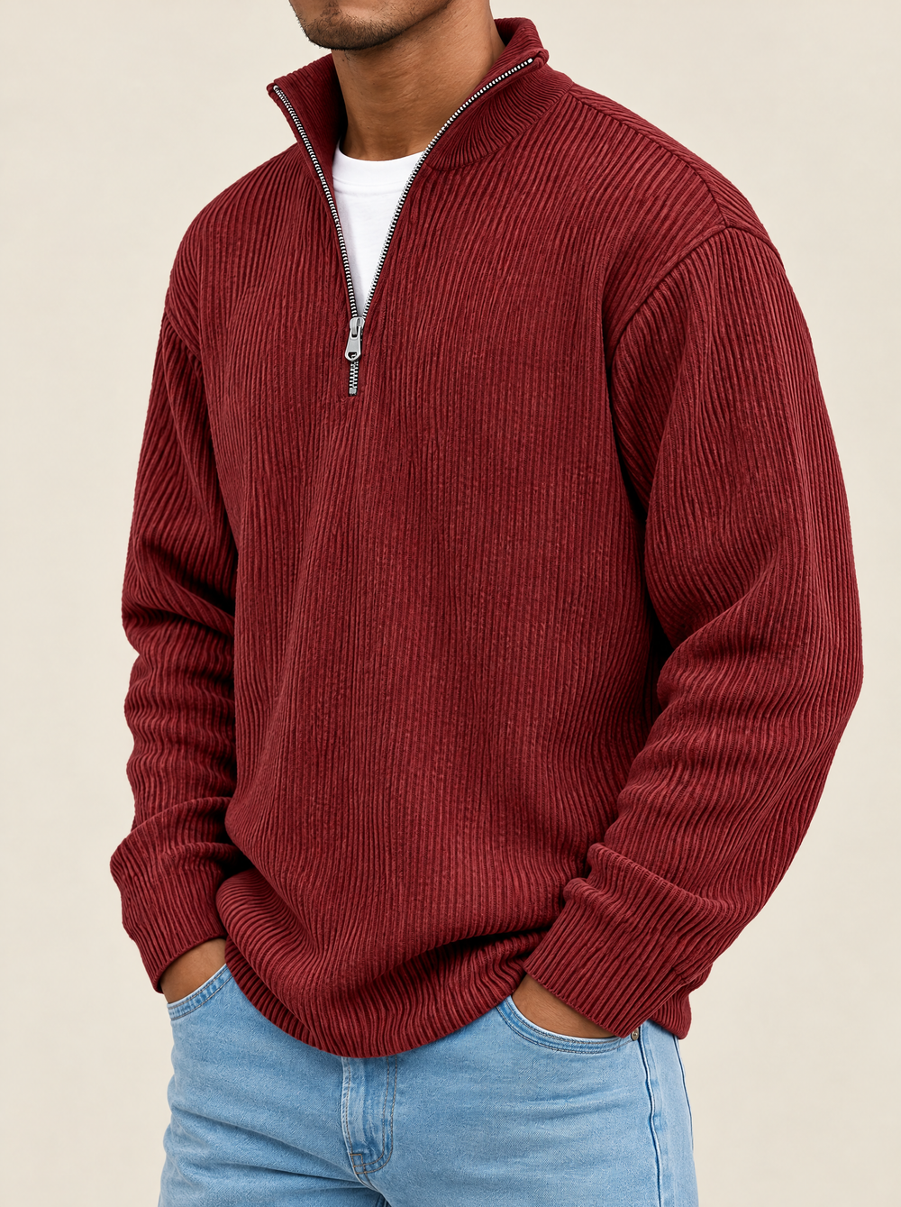 Henry men's quarter zip sweater, red, side view
